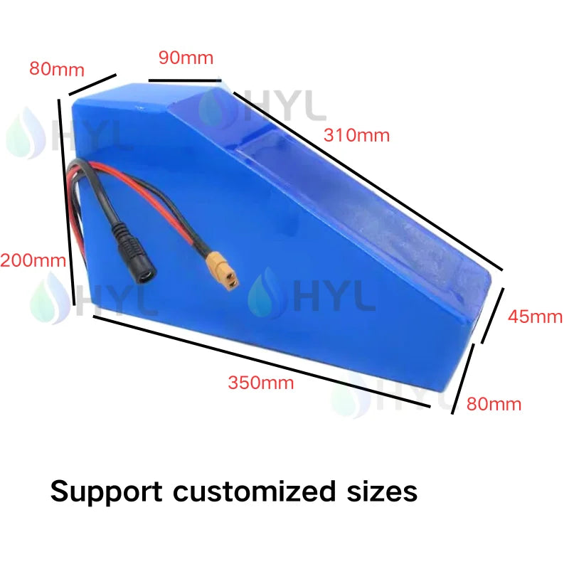 Blue rectangular battery pack with attached red and black cables and a gold connector, shown with black dimension lines and red size labels on a white background. Text below reads 'Support customized sizes'.