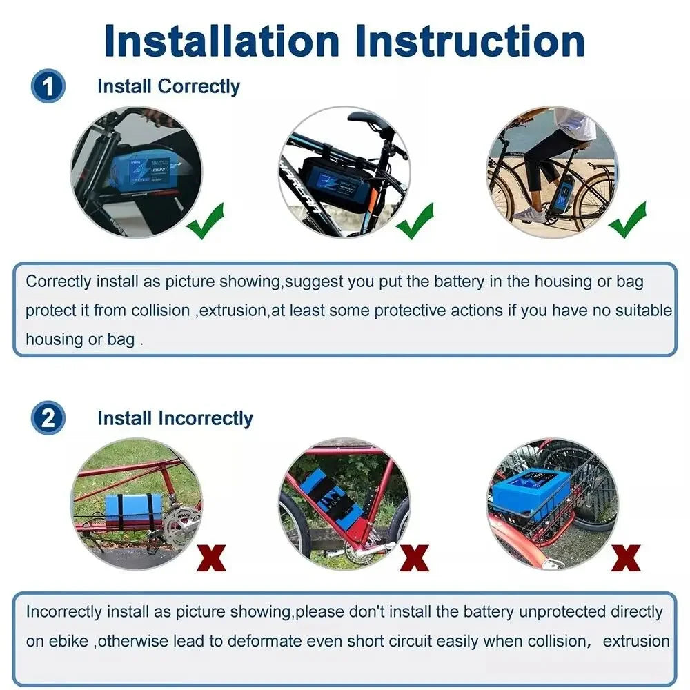 Installation instructions for a battery on an e-bike with correct and incorrect methods illustrated.