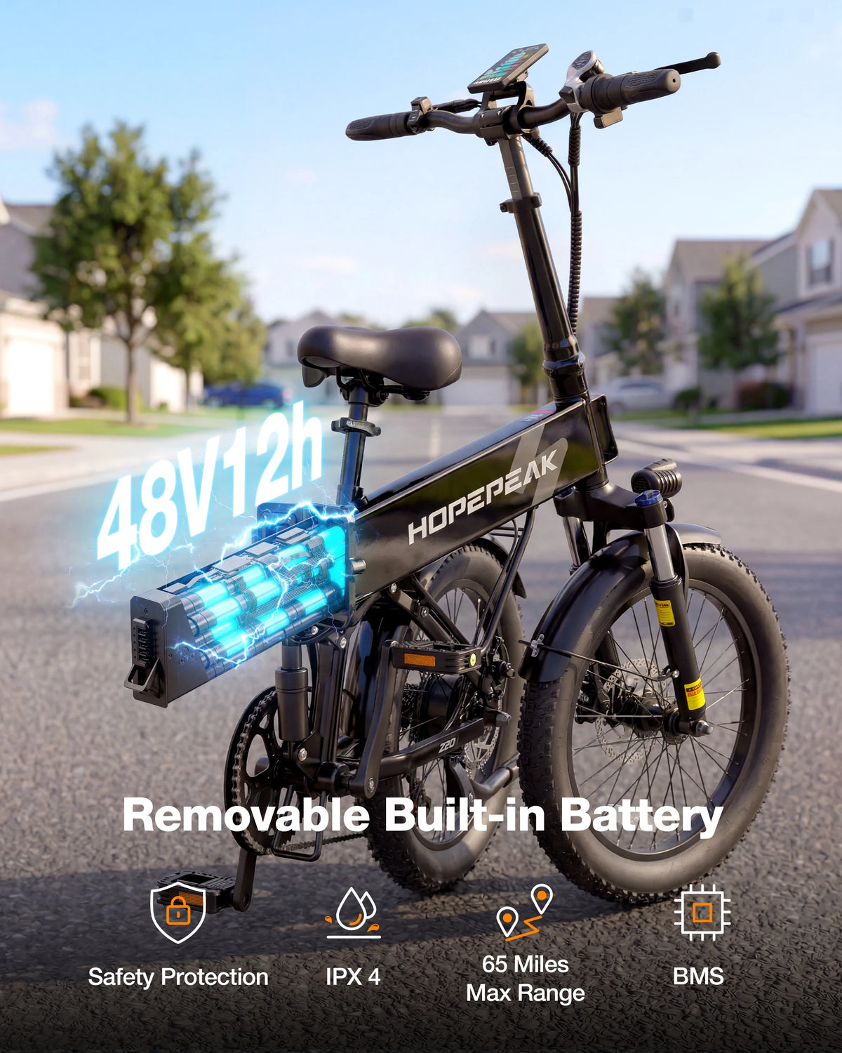 A black HopeZEEK folding electric bicycle with a large blue graphic overlay showing a removable built-in battery, set against a blurred suburban street background. Text overlays highlight features like '48V12h' and 'Removable Built-in Battery'.