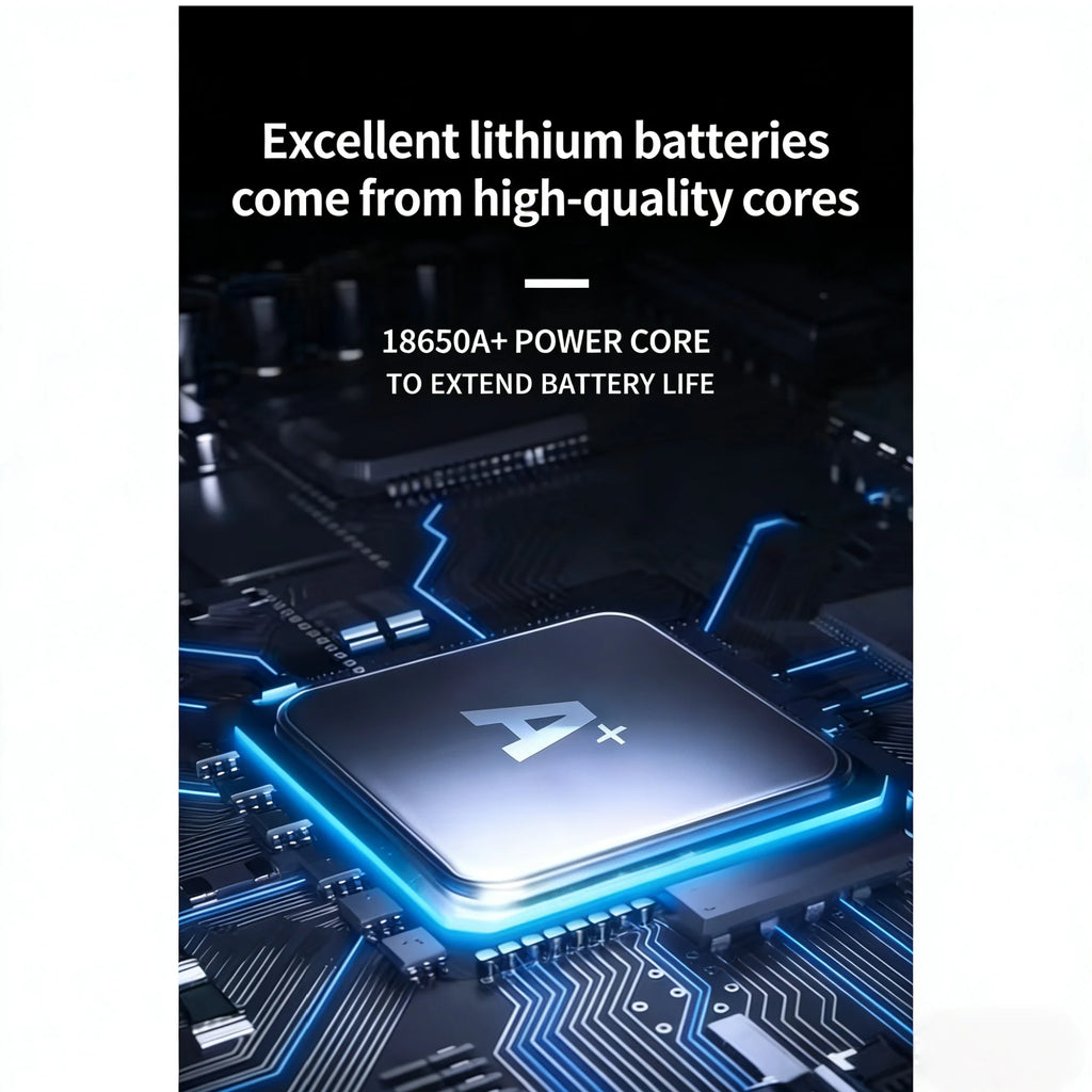 Promotional graphic for high-quality lithium batteries featuring a close-up of a glowing blue microchip on a circuit board, with text reading 'Excellent lithium batteries come from high-quality cores' and '18650A+ POWER CORE TO EXTEND BATTERY LIFE'.