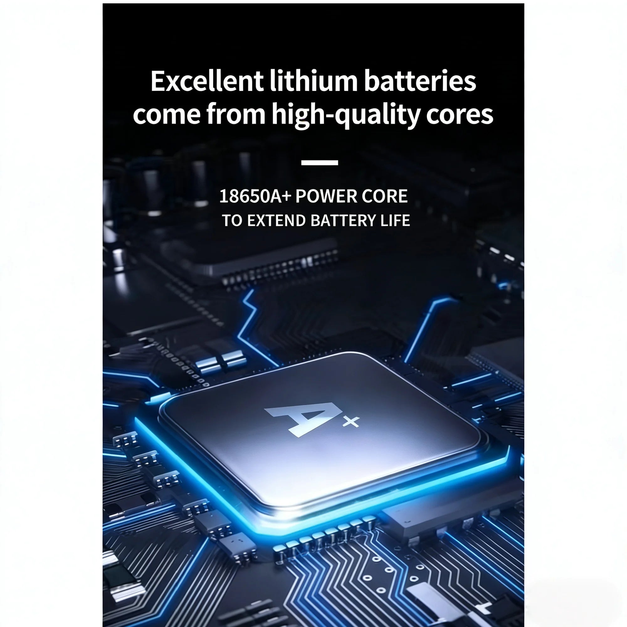Promotional graphic for high-quality lithium batteries featuring a close-up of a glowing blue microchip on a circuit board, with text reading 'Excellent lithium batteries come from high-quality cores' and '18650A+ POWER CORE TO EXTEND BATTERY LIFE'.