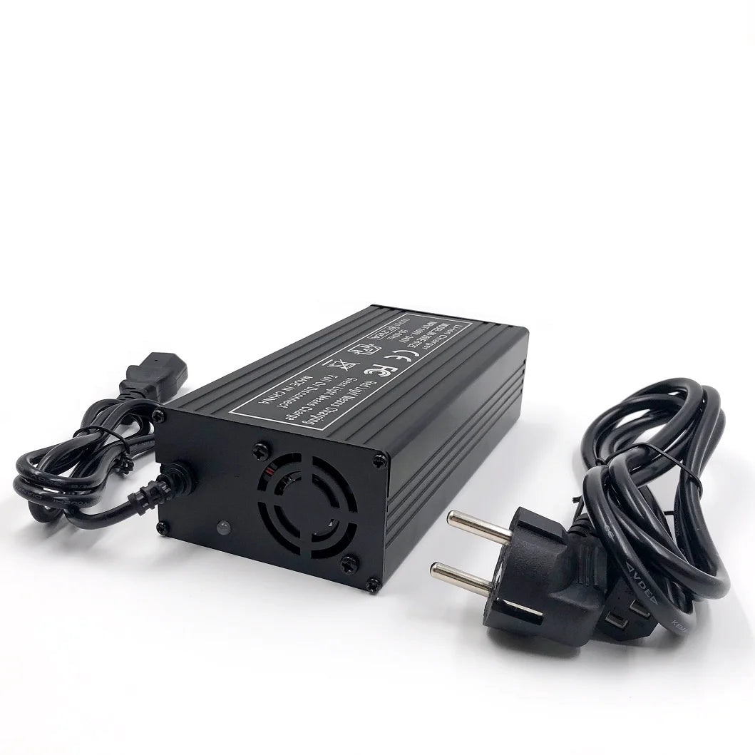 Black power adapter with plug on a white background