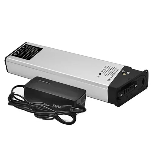 A silver and black rectangular battery pack with attached black power cable, photographed on a plain white background.