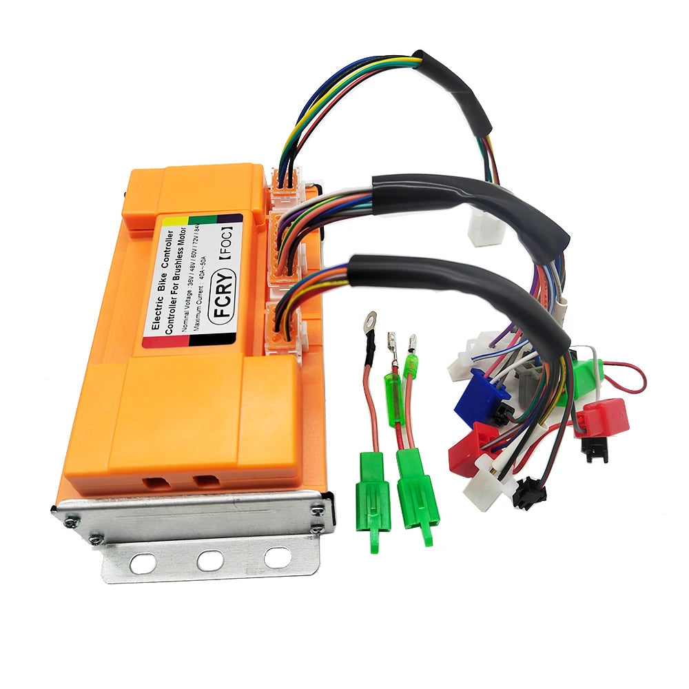 Orange electronic module with wiring harness on a white background