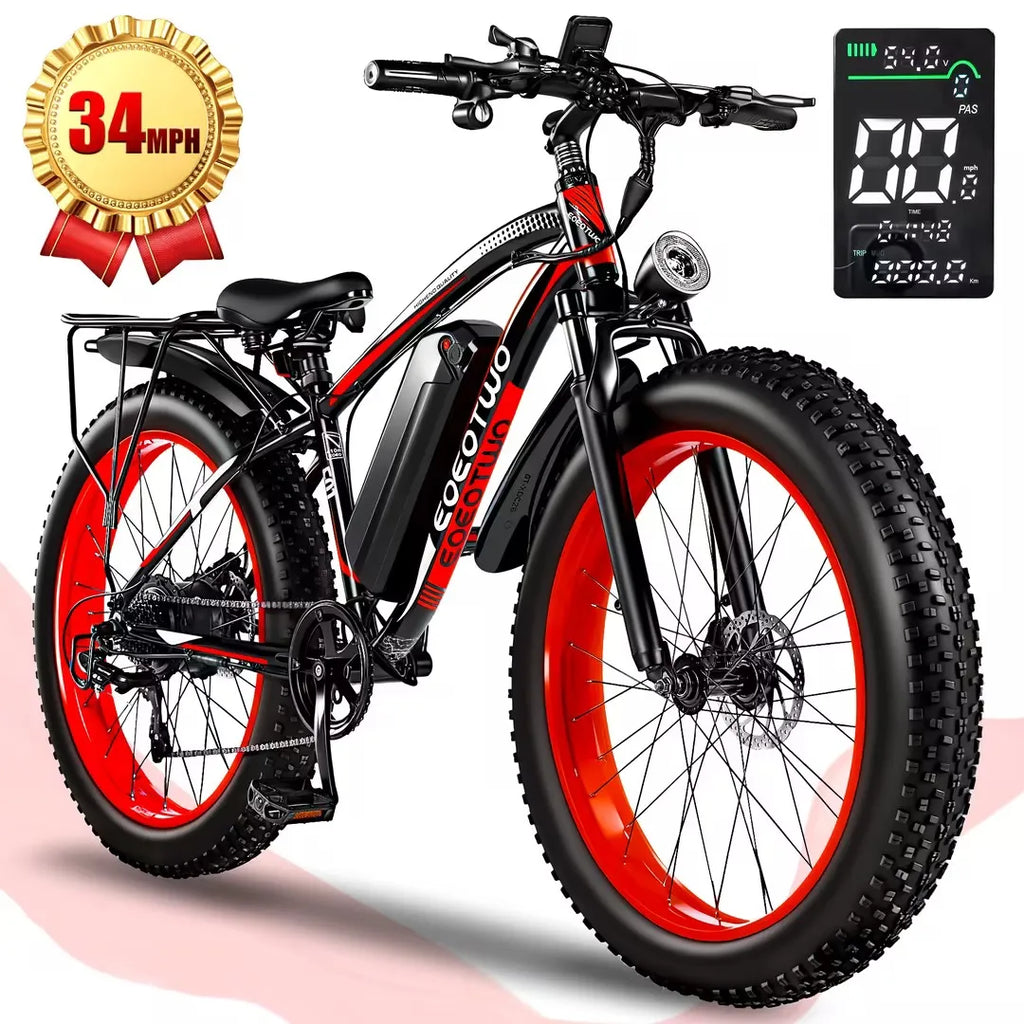 A fat-tire electric bicycle with a black frame and bright red rims, shown on a clean white background with a digital battery display overlay and a speed badge. The brand name 'EcoFlow' is visible on the battery pack.