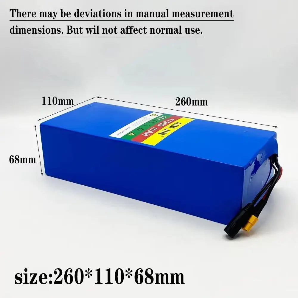 Blue rectangular lithium-ion battery with dimension markings of 260mm x 110mm x 68mm, shown on a light gray background with text noting measurement deviations.