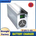 A silver aluminum battery charger power supply with a digital LCD display screen, a rotary knob, and a honeycomb vent on the front panel. The image features promotional text overlays including 'Capacity.