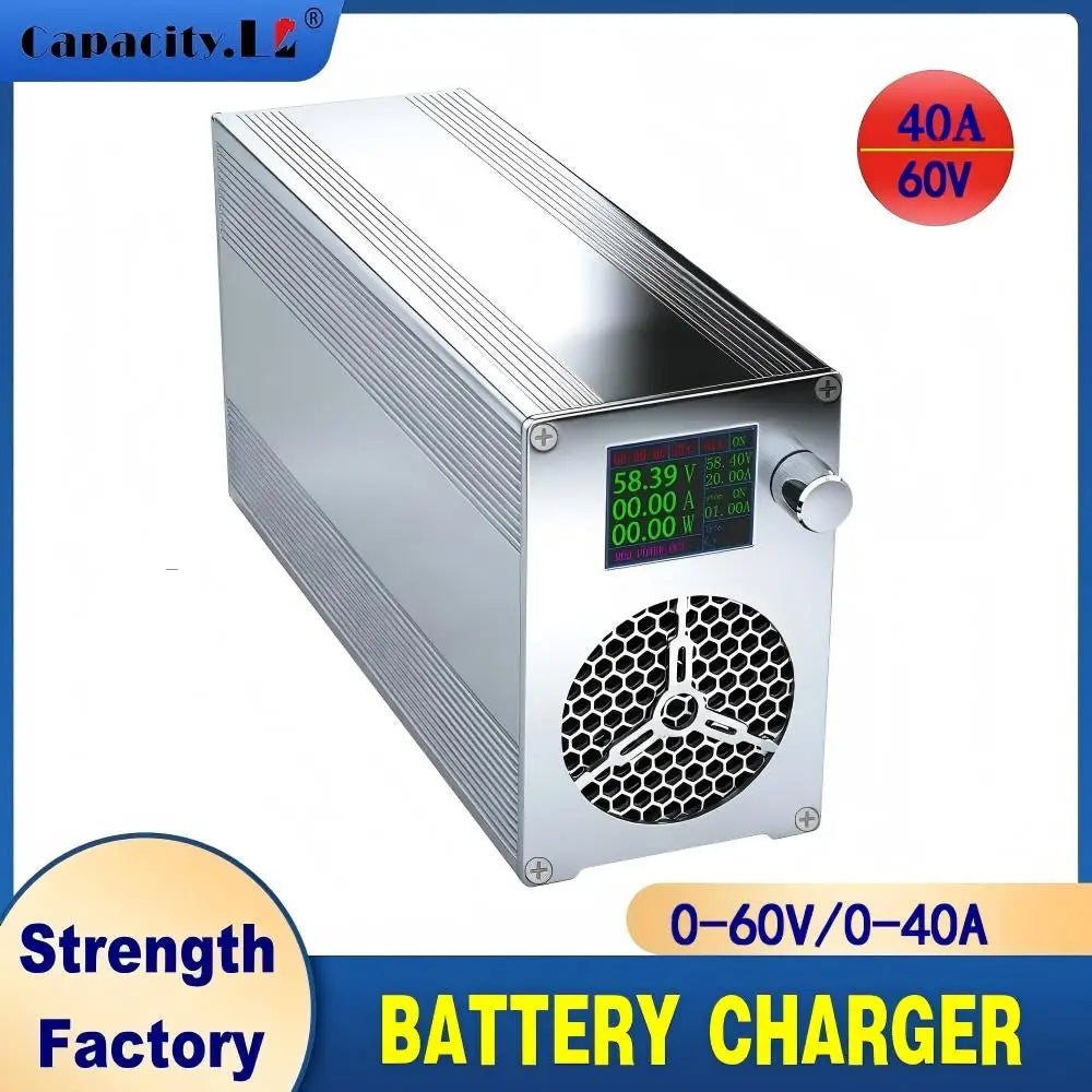 A silver aluminum battery charger power supply with a digital LCD display screen, a rotary knob, and a honeycomb vent on the front panel. The image features promotional text overlays including 'Capacity.