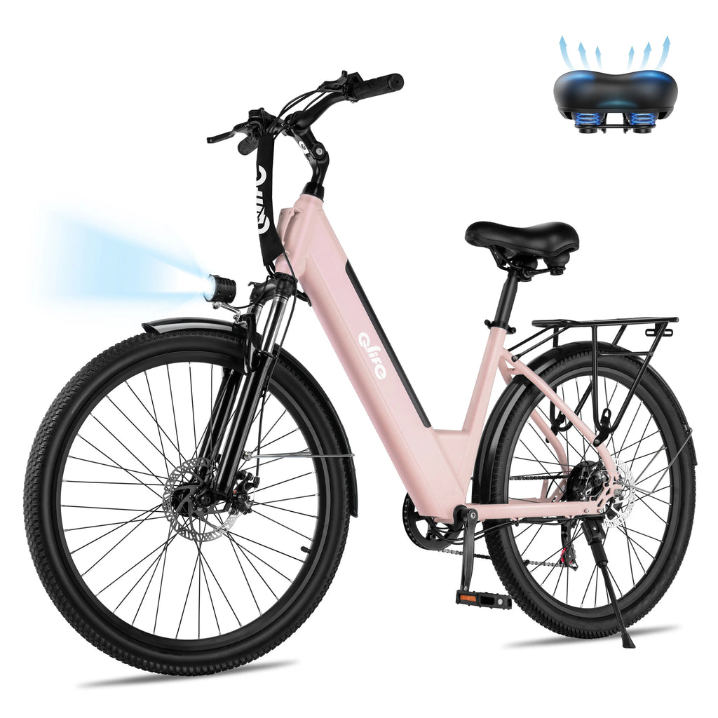 A light pink electric bicycle with black components, shown on a white background with a small inset of the seat and blue airflow graphics indicating cooling. The brand name 'evvo' is visible on the frame.