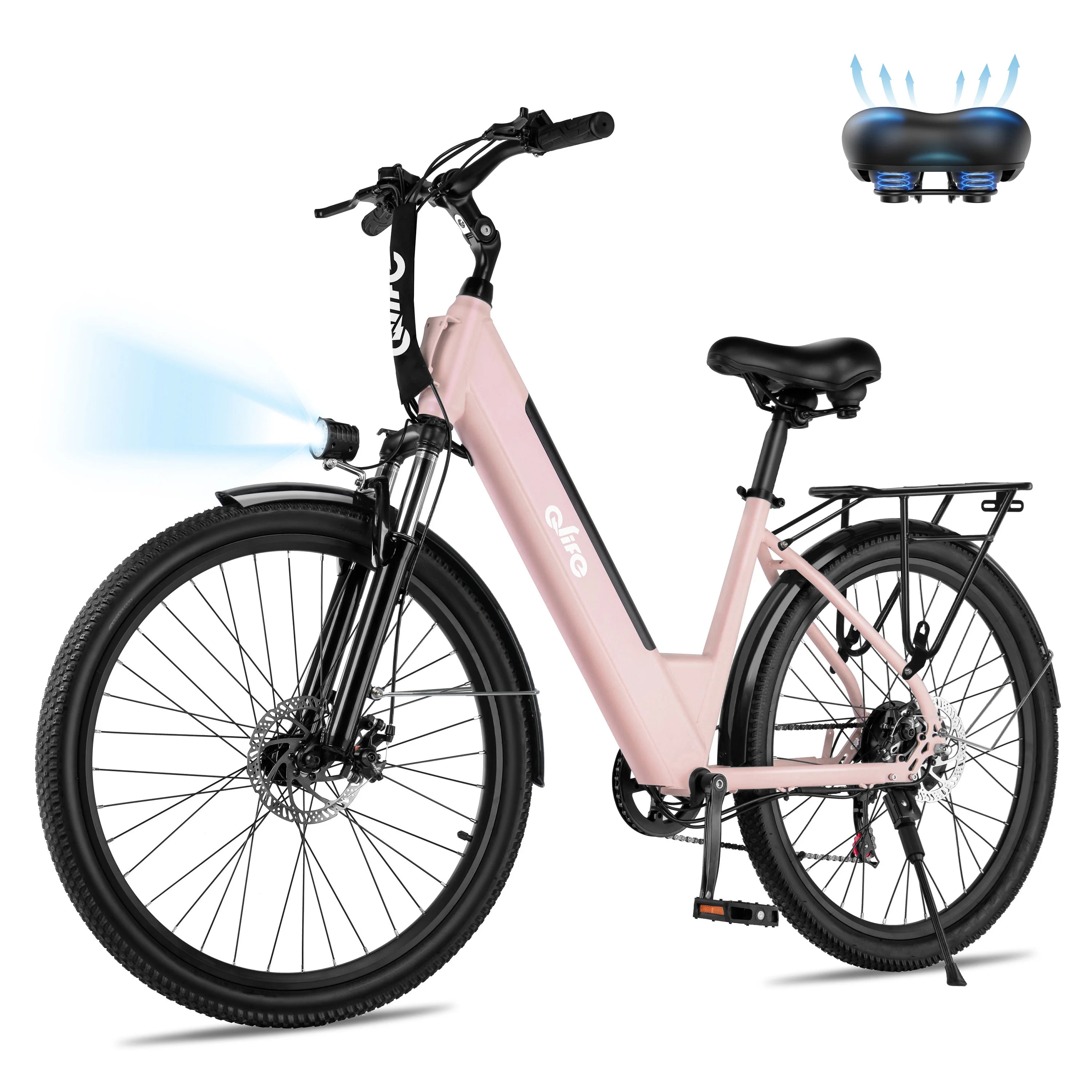 A light pink electric bicycle with black components, shown on a white background with a small inset of the seat and blue airflow graphics indicating cooling. The brand name 'evvo' is visible on the frame.