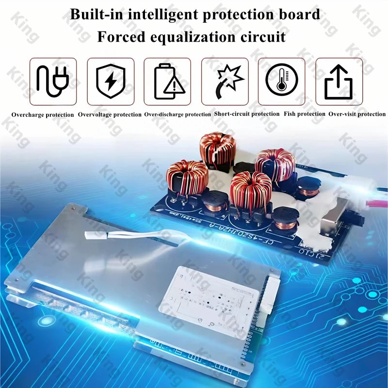 An electronic power protection board set shown on a blue circuit-board background, with text reading 'Built-in intelligent protection board Forced equalization circuit' and six protection icons for overcharge, overvoltage, overdischarge, short-circuit, fish, and overheat. The image includes repeated King watermarks.