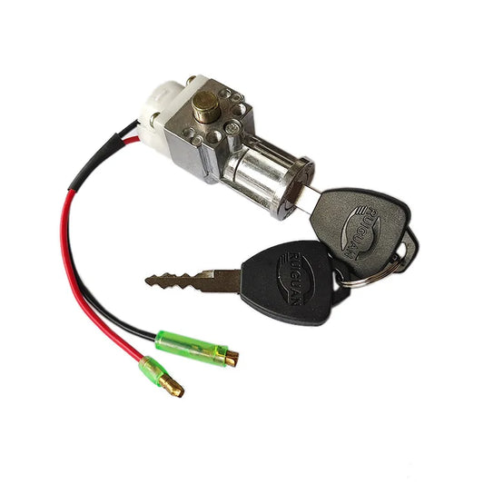 A small electric lock cylinder with a silver metal body, white plastic housing, red and black wires, and two keys on a keyring, shown on a plain white background.