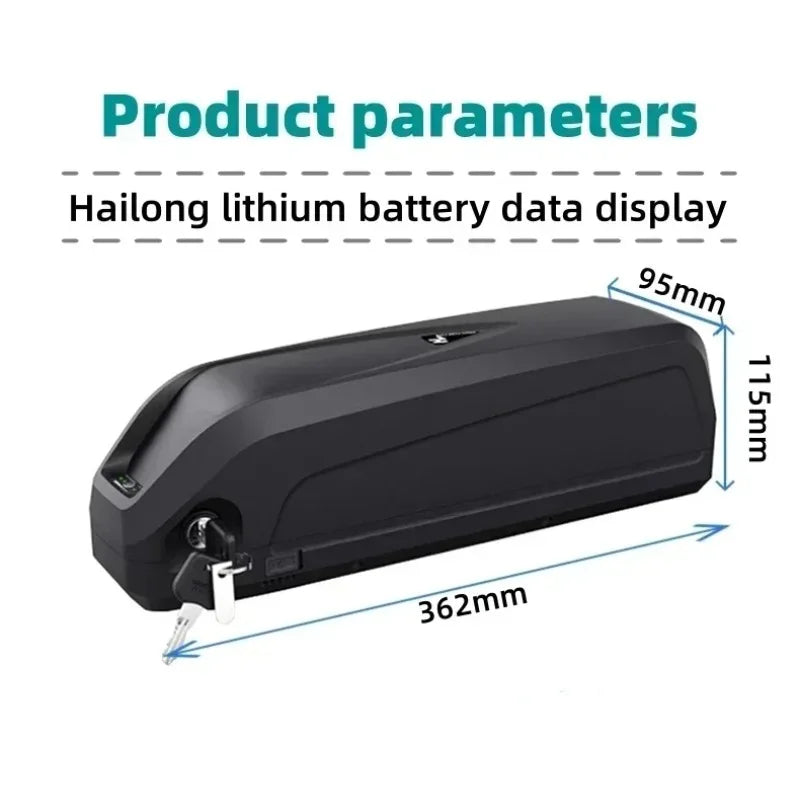 A black Hailong lithium battery data display device shown on a white background with overlaid text reading 'Product parameters' and dimension labels 362mm, 95mm, and 115mm.