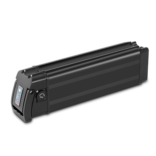 A black rectangular electronic battery pack with a small digital display and a power button on the end, shown on a plain white background.