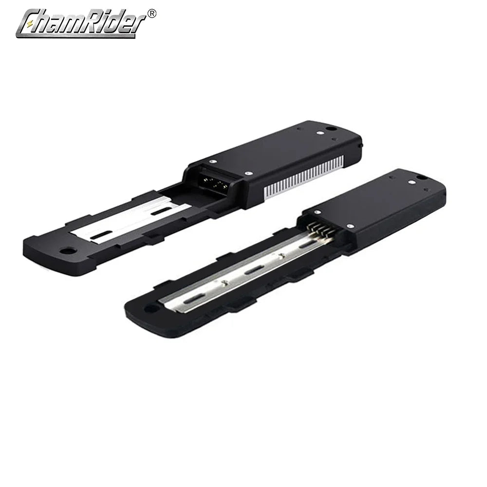 Two black metal slide rails with silver inner plates and mounting holes, shown on a white background with the ChamRider logo in the top-left corner.