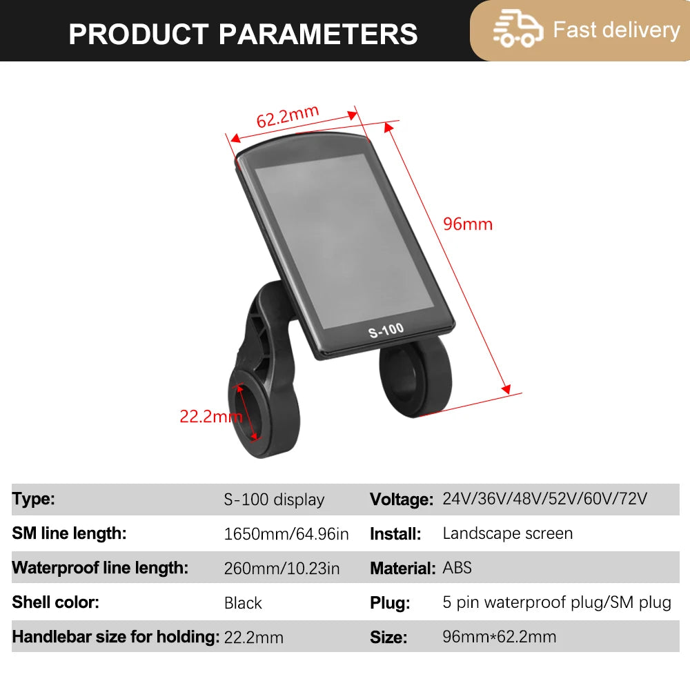 Product parameters diagram for a black S-100 bicycle display screen, showing the device with red dimension lines indicating 62.2mm width, 96mm height, and 22.