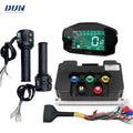 A motorcycle or electric scooter digital dashboard kit by DUN, featuring a black LCD display screen, two black handlebar grips with controls, a black control box with multicolored terminal connectors, and a wiring harness, all arranged on a white background.