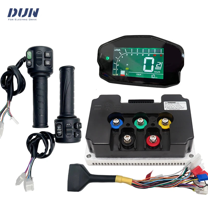 A motorcycle or electric scooter digital dashboard kit by DUN, featuring a black LCD display screen, two black handlebar grips with controls, a black control box with multicolored terminal connectors, and a wiring harness, all arranged on a white background.