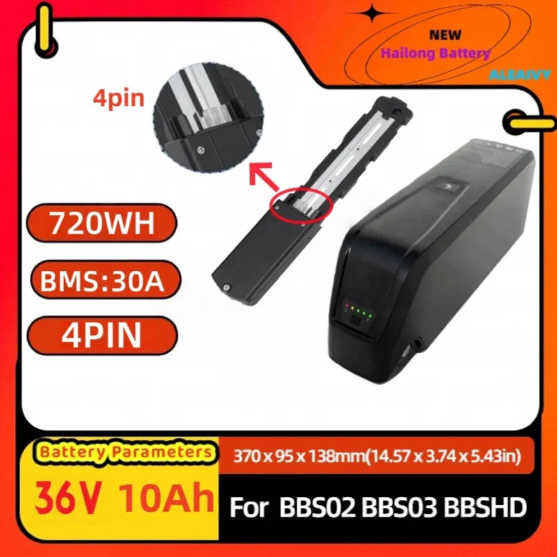 A 36V 10Ah Hailong battery shown in a black plastic housing, presented alongside a close-up inset of its 4-pin terminal and a dimension diagram. The image features prominent orange, yellow, and black graphic overlays detailing product specifications and compatibility with BBS02, BBS03, and BBSHD models.