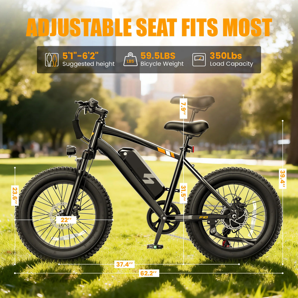 Black fat-tire electric bicycle shown on a blurred park background with measurement callouts and text stating adjustable seat fits most, plus height, wheel diameter, and frame width specifications.