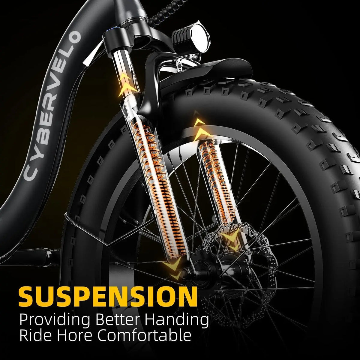 Close-up of a bicycle suspension fork with 'Cybervelo' branding on a black background.