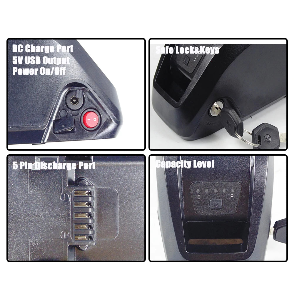 Collage of a battery pack showing charging, lock, discharge, and capacity level indicators.