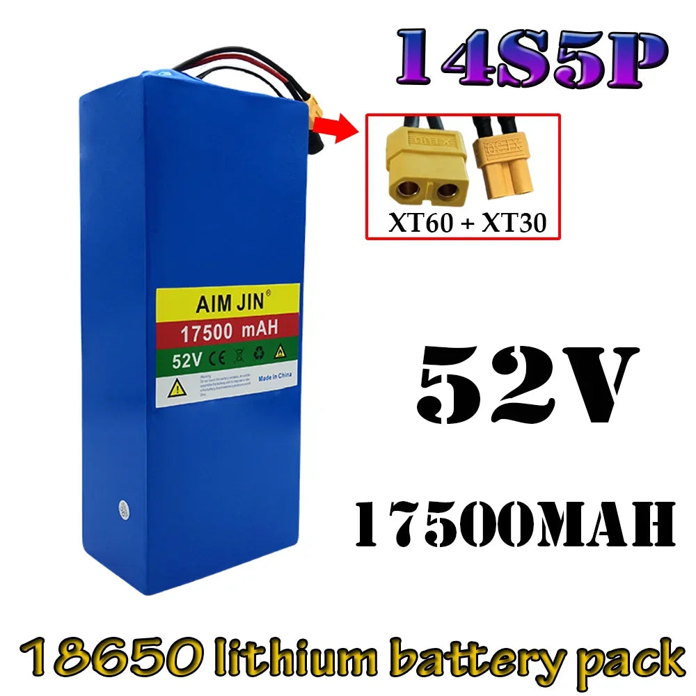 A blue AIM JIN 14S5P 52V 17500mAh lithium-ion battery pack with XT60 and XT30 connector details shown in an inset, alongside large text overlays indicating '14S5P', '52V', '17500MAH', and '18650 lithium battery pack'.