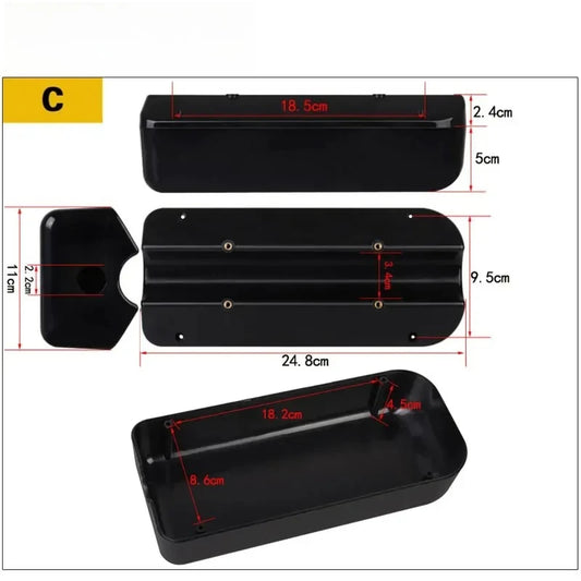 Black plastic replacement parts with red dimension lines and measurements on a white background, including a yellow label with the letter C.
