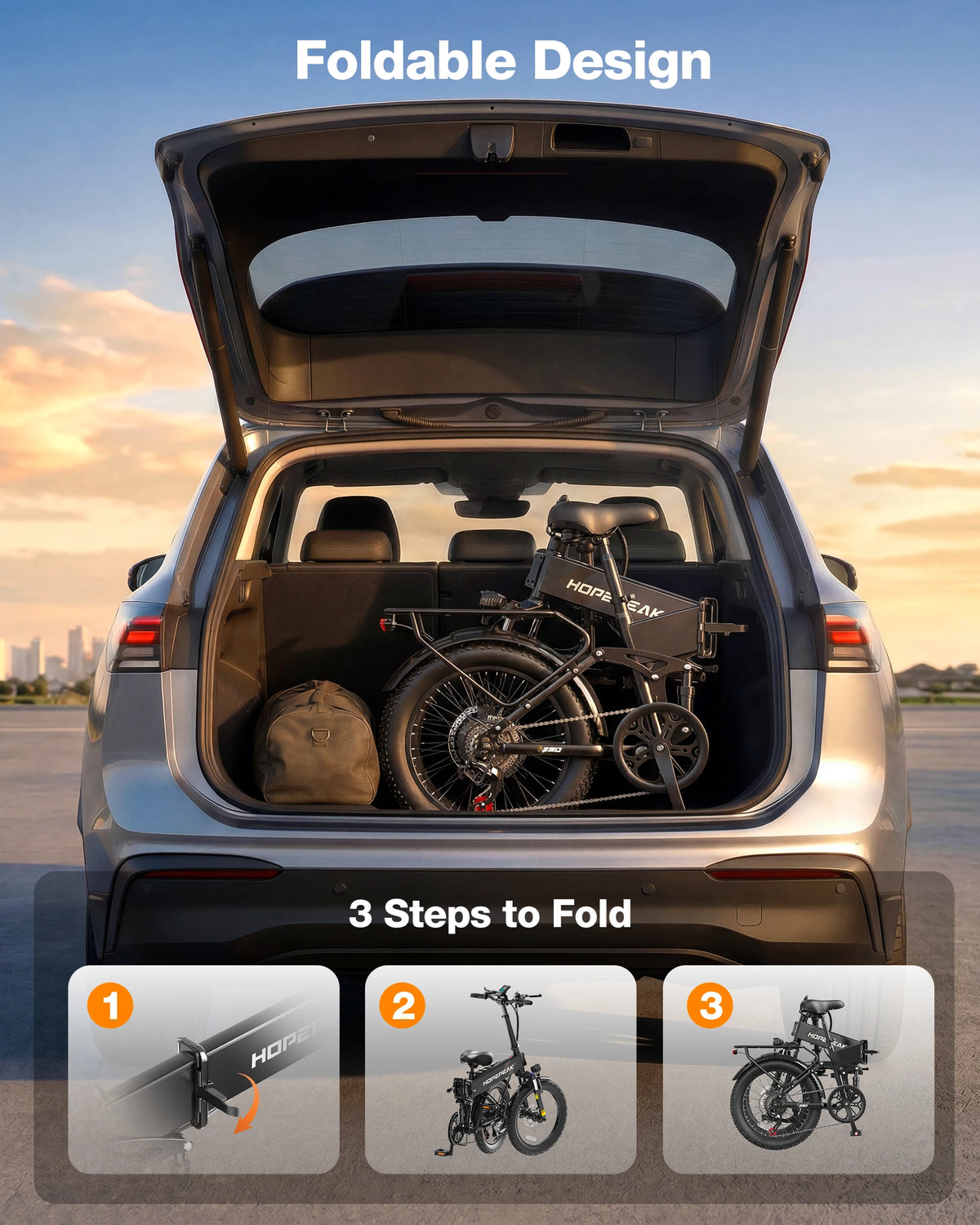 A foldable electric bicycle shown inside the open trunk of a silver SUV, with text reading 'Foldable Design' and '3 Steps to Fold' plus three step-by-step folding illustrations along the bottom. The scene is set outdoors at sunset with a road and distant city skyline visible.