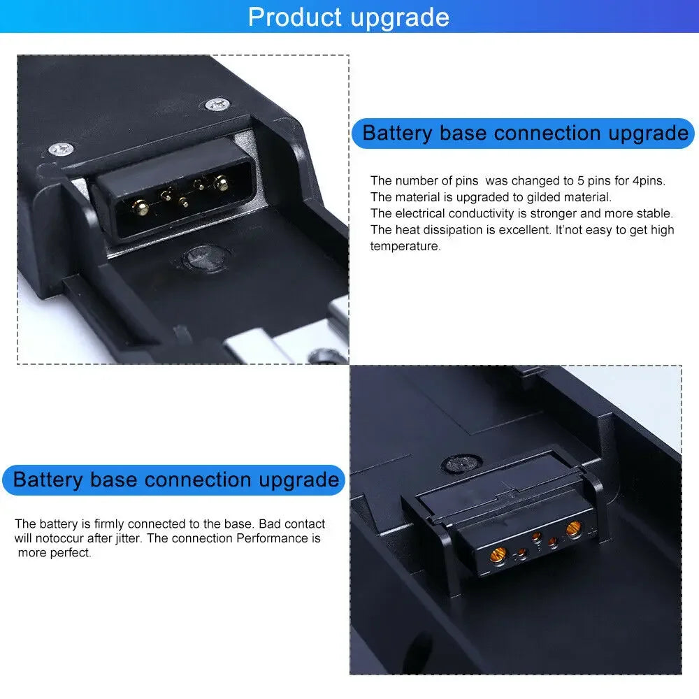 Technical product upgrade diagram showing two close-up views of a black battery base connector with text explaining pin reduction from 5 to 4 and improved contact performance.