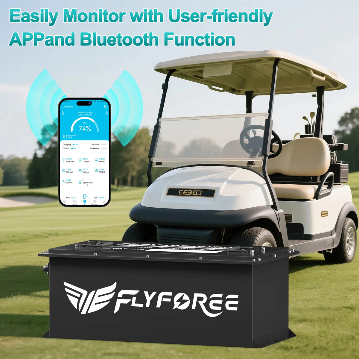 A black Flyforee battery box placed in front of a white and beige golf cart on a golf course, with a smartphone app screen shown beside it and marketing text at the top about Bluetooth monitoring.