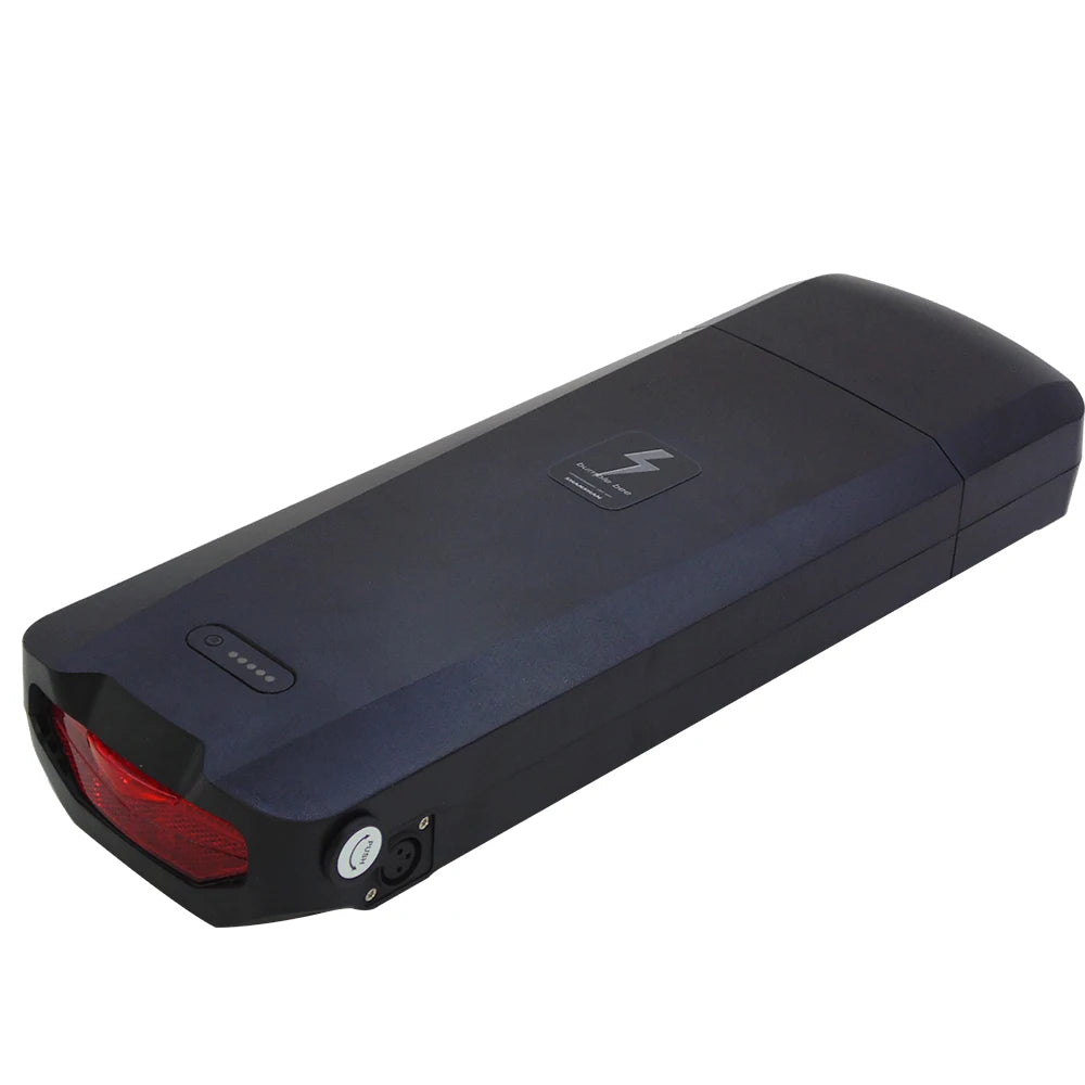 A dark blue rectangular electronic device, likely a portable power bank or bicycle light, featuring a red translucent light panel on one end, a power button, and a circular port, shown on a plain white background.