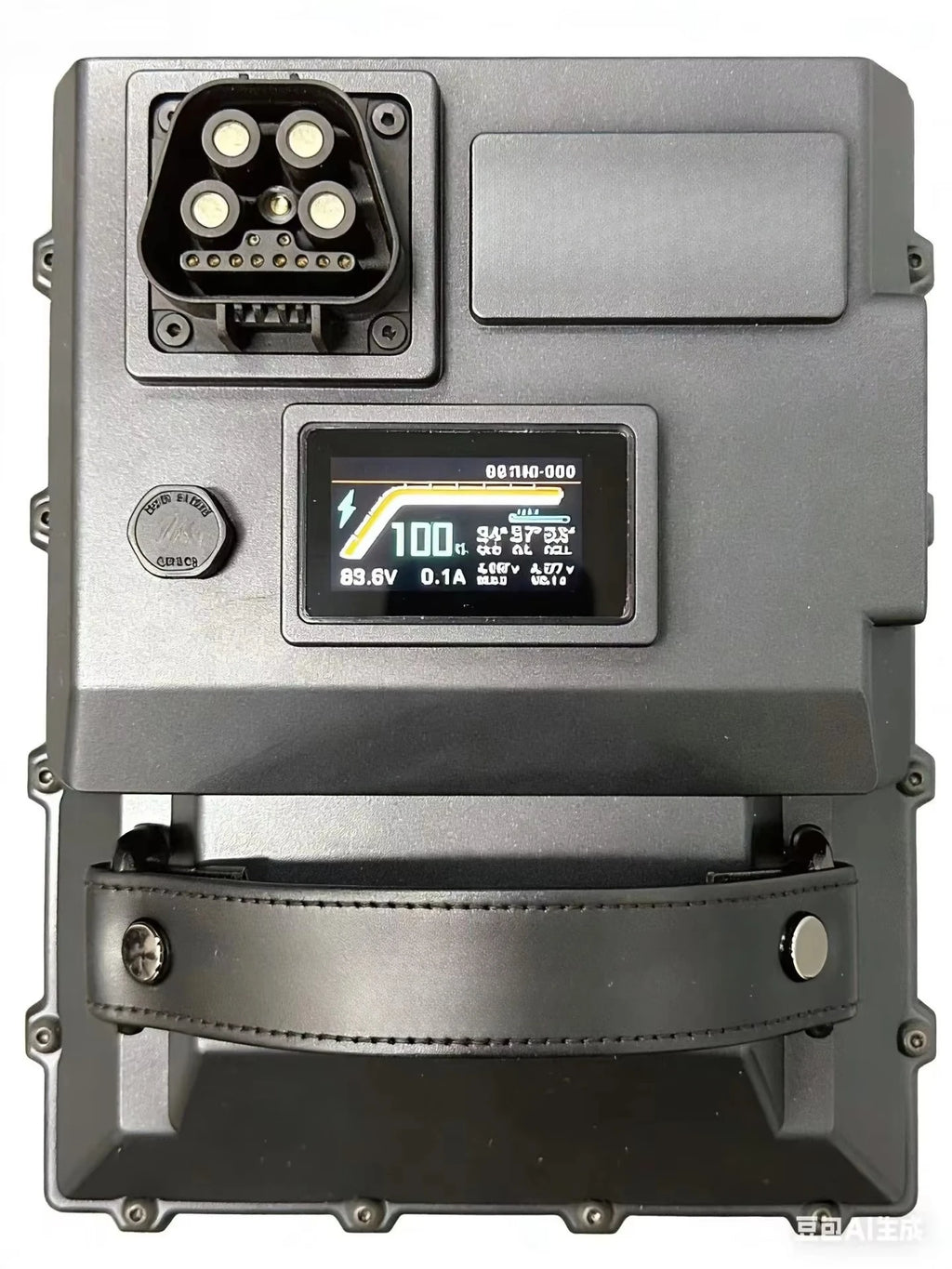 A rugged gray electronic device with a front display screen, four LED lights in a socket, a round button, and a black stitched handle, shown on a plain white background.