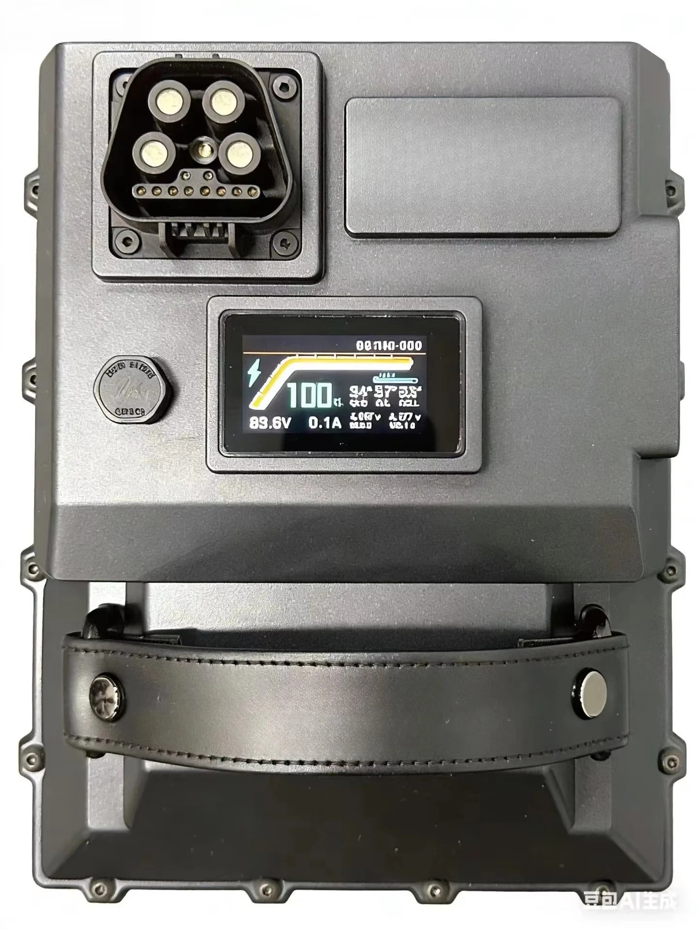A rugged gray electronic device with a front display screen, four LED lights in a socket, a round button, and a black stitched handle, shown on a plain white background.