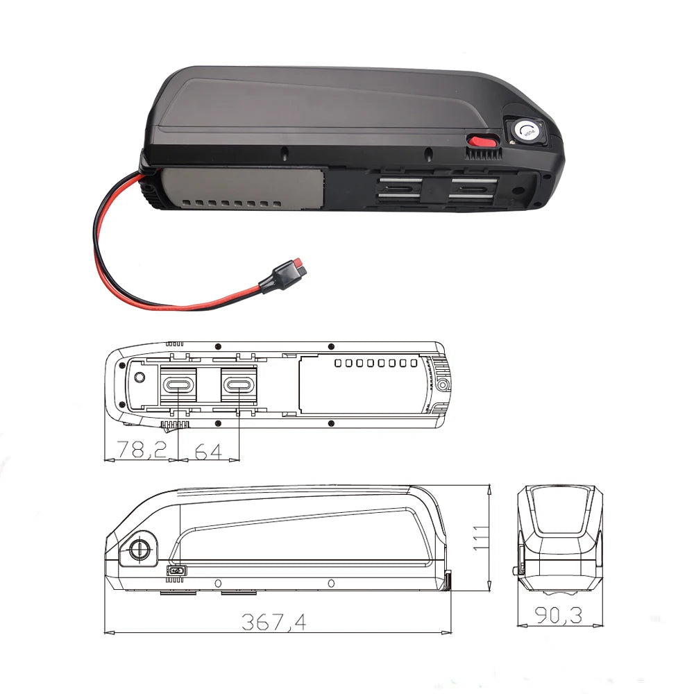 A black rectangular electronic device with a red-and-black cable and connector, shown from multiple angles with dimension labels on a white background.