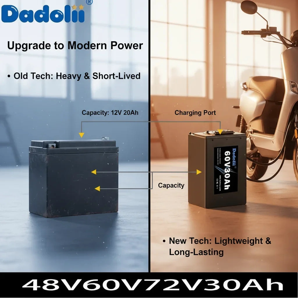 A split promotional graphic for a Dadolin battery. The left half shows a dark gray battery on a blue-toned surface with text comparing old tech to new tech.