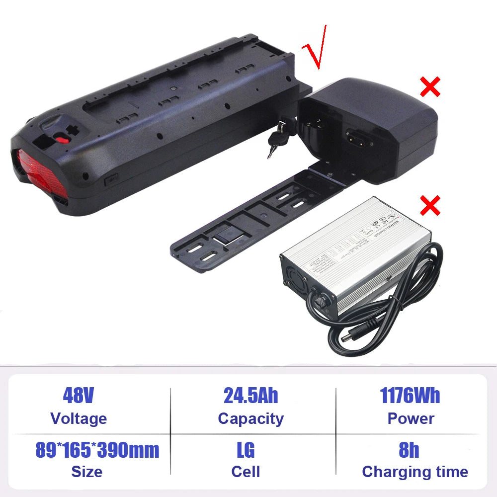 A battery charger kit shown on a white background with a measurement/specification table at the bottom. The kit includes a black battery, a black charger unit, a mounting bracket, and a silver power adapter with a black cable.