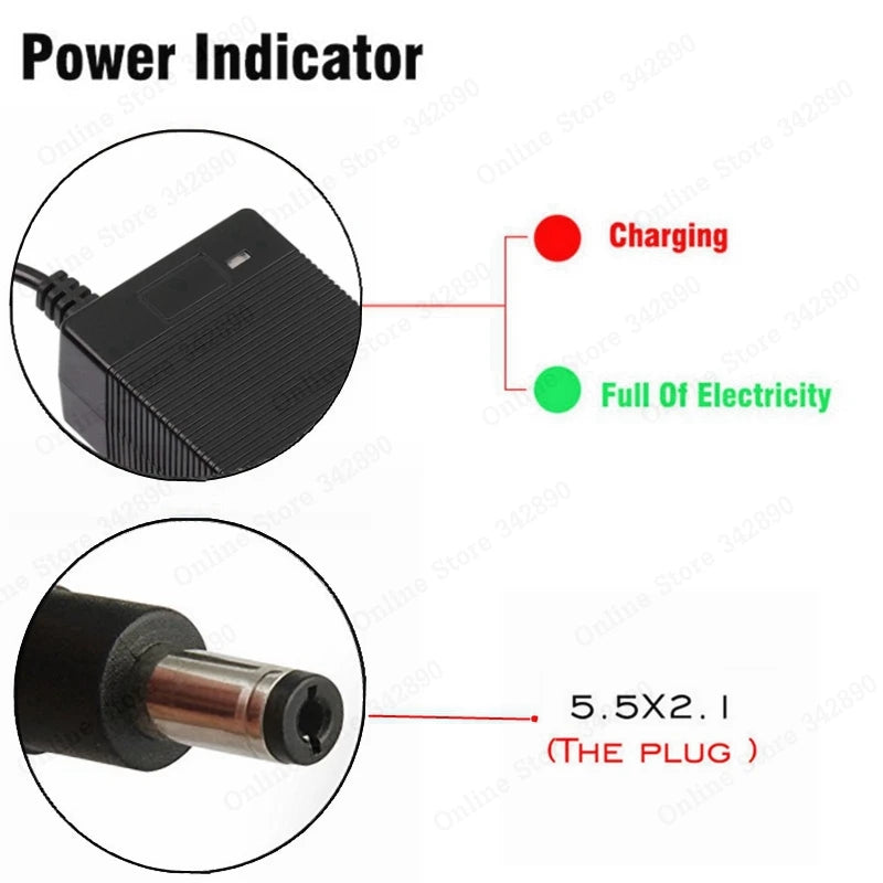 Diagram of a power adapter with power indicator lights and plug details.