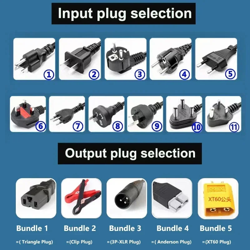 A blue informational graphic showing input plug selection and output plug selection with numbered plug diagrams and bundle labels.