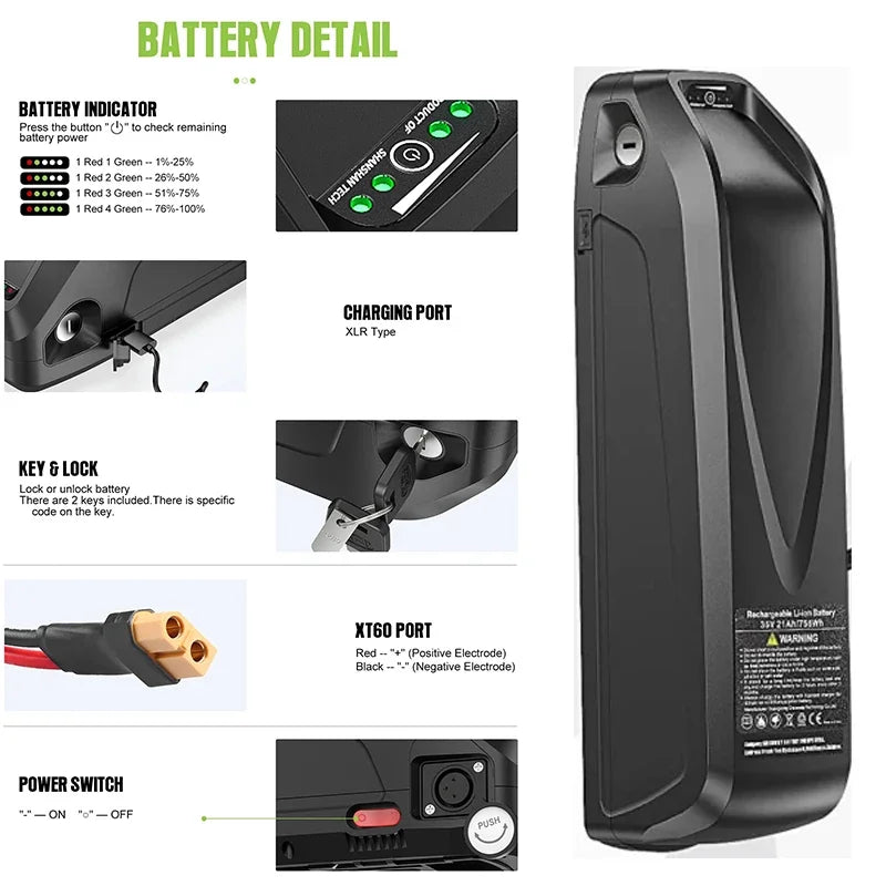 Battery pack with detailed features and specifications on a white background