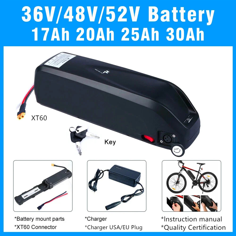 Black XT60 36V/48V/52V bicycle battery with key, shown on a white background with text listing voltages, capacities (17Ah, 20Ah, 25Ah, 30Ah), included accessories, and use examples.