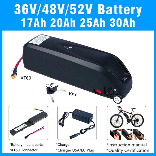 Black XT60 36V/48V/52V bicycle battery with key, shown on a white background with text listing voltages, capacities (17Ah, 20Ah, 25Ah, 30Ah), included accessories, and use examples.