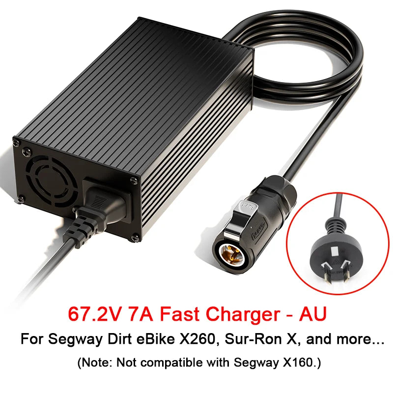 Black 67.2V 7A fast charger adapter for Segway eBikes, featuring a ribbed metal power block, coiled cable, and circular inset showing the Australian three-pin plug.