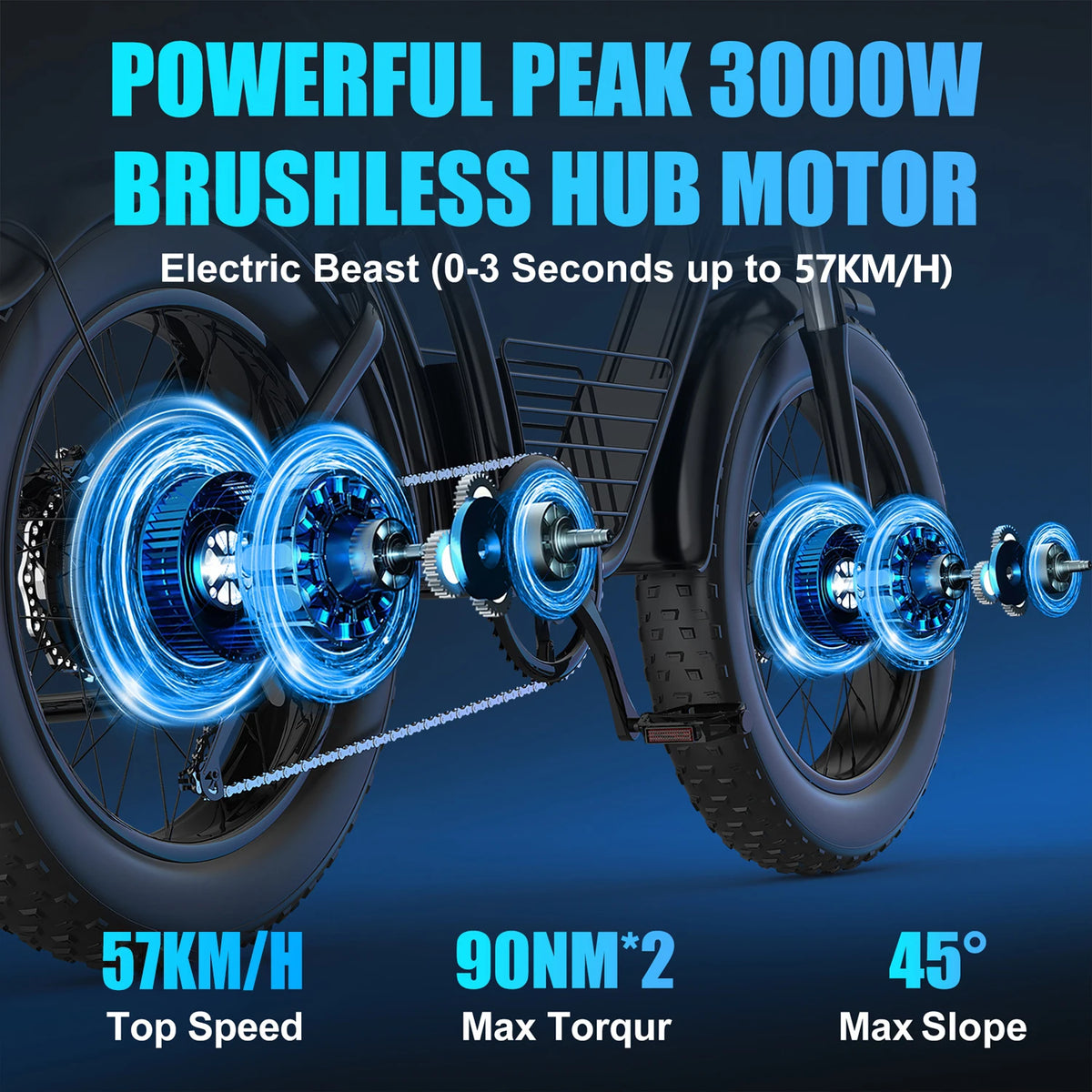 Electric bike hub motor with specifications on a dark background