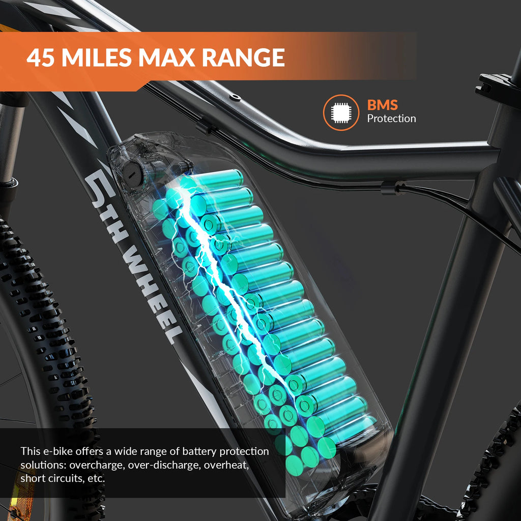 Electric bike with battery pack and '6th Wheel' branding, highlighting 45 miles max range and BMS protection.