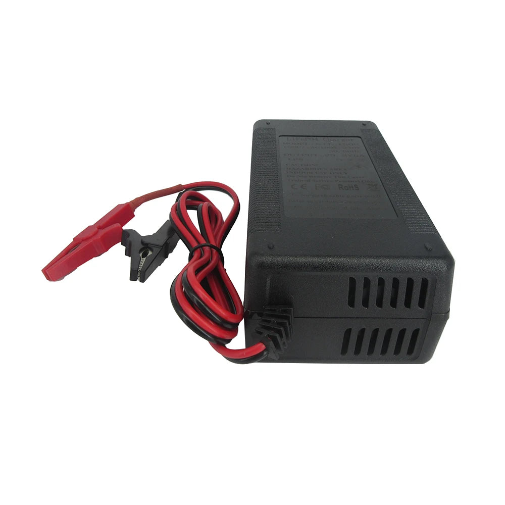 Black battery charger with red and black cables on a white background