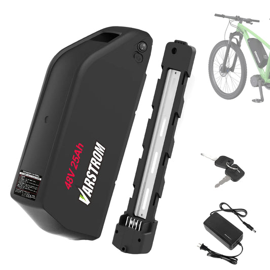 Black battery pack with Varstrom branding, key, and charger on a white background