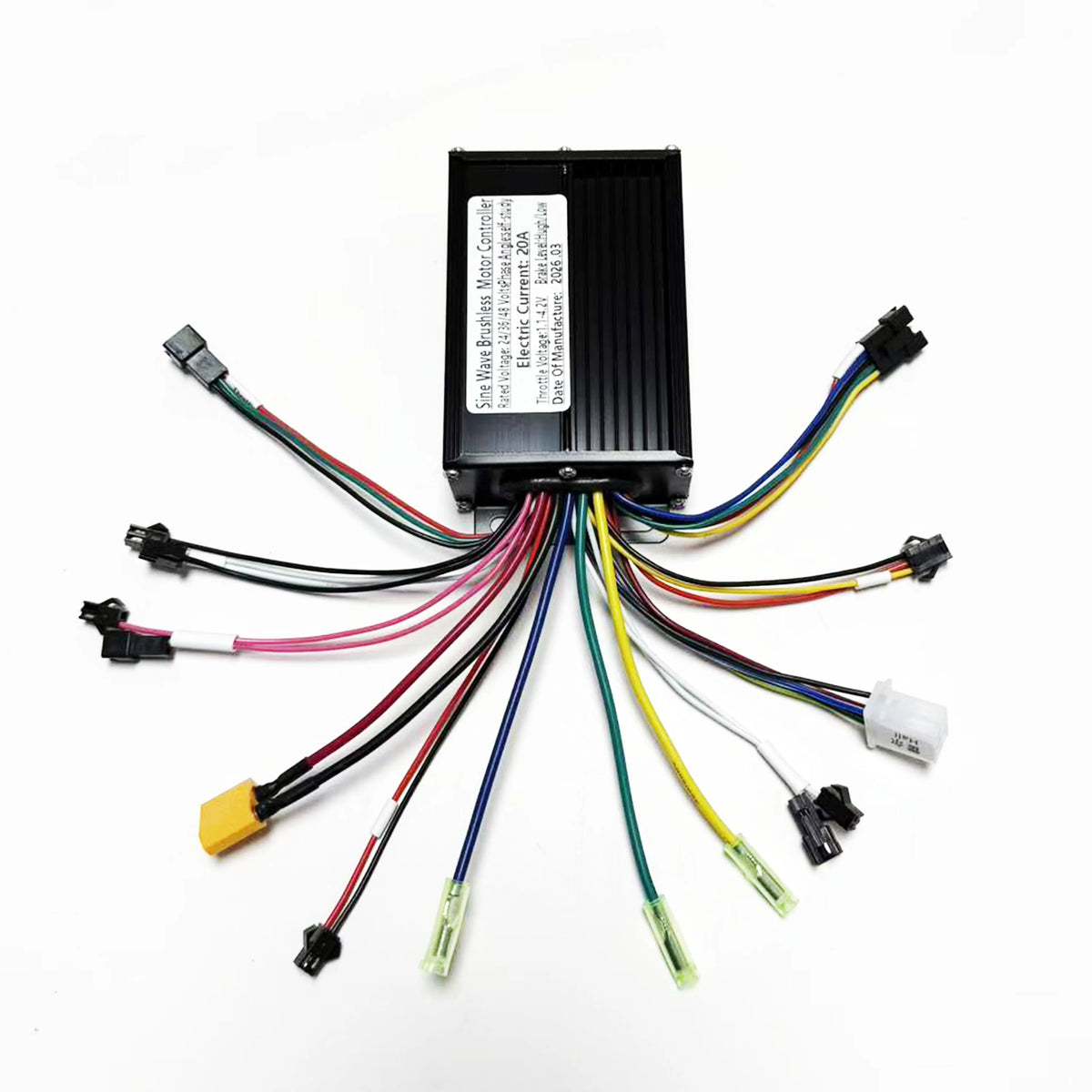 A 16-bit motor controller module with a black metal casing and multiple colorful wires extending from the sides, photographed on a white background.