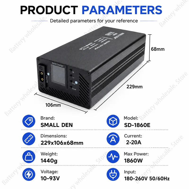 A black rectangular power supply unit shown with overlaid dimensions and product parameters. The image includes the text 'PRODUCT PARAMETERS', measurements of 106mm, 229mm, and 68mm, and a list of specs such as brand SMALL DEN, model SD-1860E, dimensions, current 2-20A, weight 1440g, voltage 10-93V, and max power 1860W, 180-260V 50/60Hz input.
