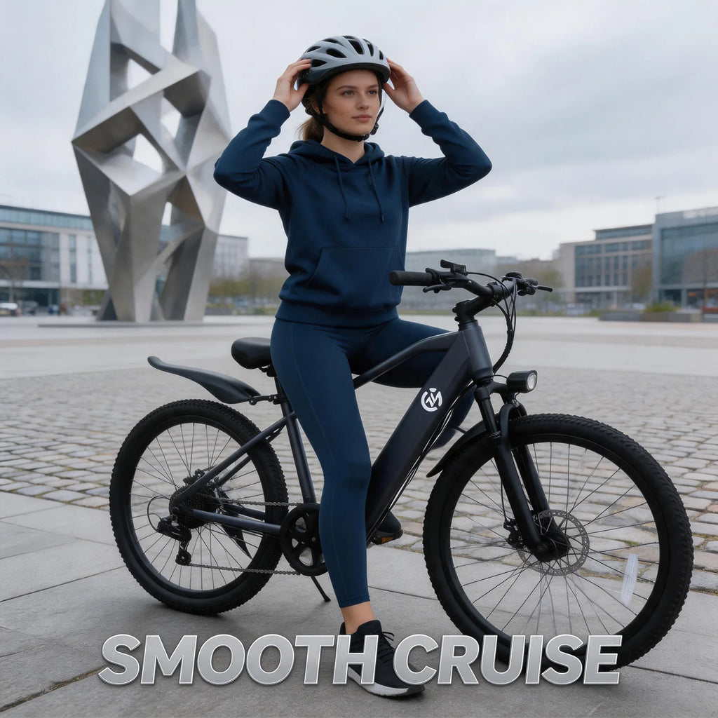 A woman wearing a navy blue hoodie and matching leggings sits on a black electric bicycle in an outdoor urban plaza, adjusting her helmet. The text 'SMOOTH CRUISE' is overlaid at the bottom.